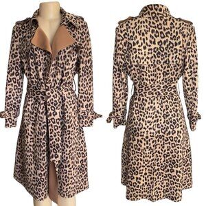 Few Moda‎ Leopard Trench Coat Tan Animal Print Open Belted Jacket